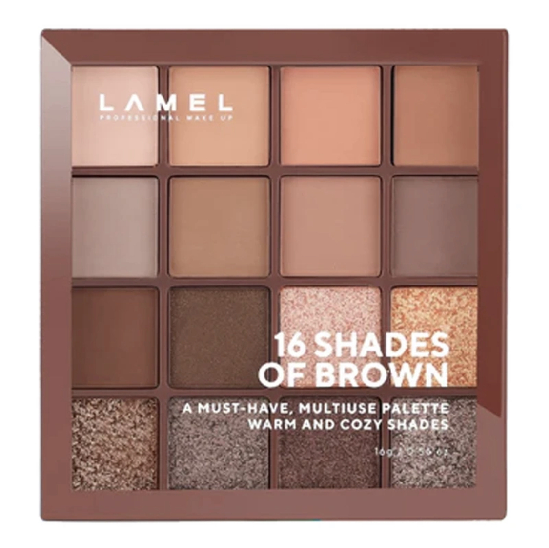 پالت سایه چشم لامل مدل Shades of Brown شماره 16 با 16 رنگ گرم، پیگمنت بالا و جلوه ترکیبی، پودر فشرده
